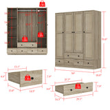 63 inch Rustic 4-Door Wardrobe Armoire with Rattan Paneling, 6 Drawers & 2 Hanging Rods