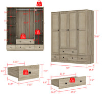 63" Rustic 4-Door Wardrobe Armoire with Rattan Paneling, 6 Drawers & 2 Hanging Rods