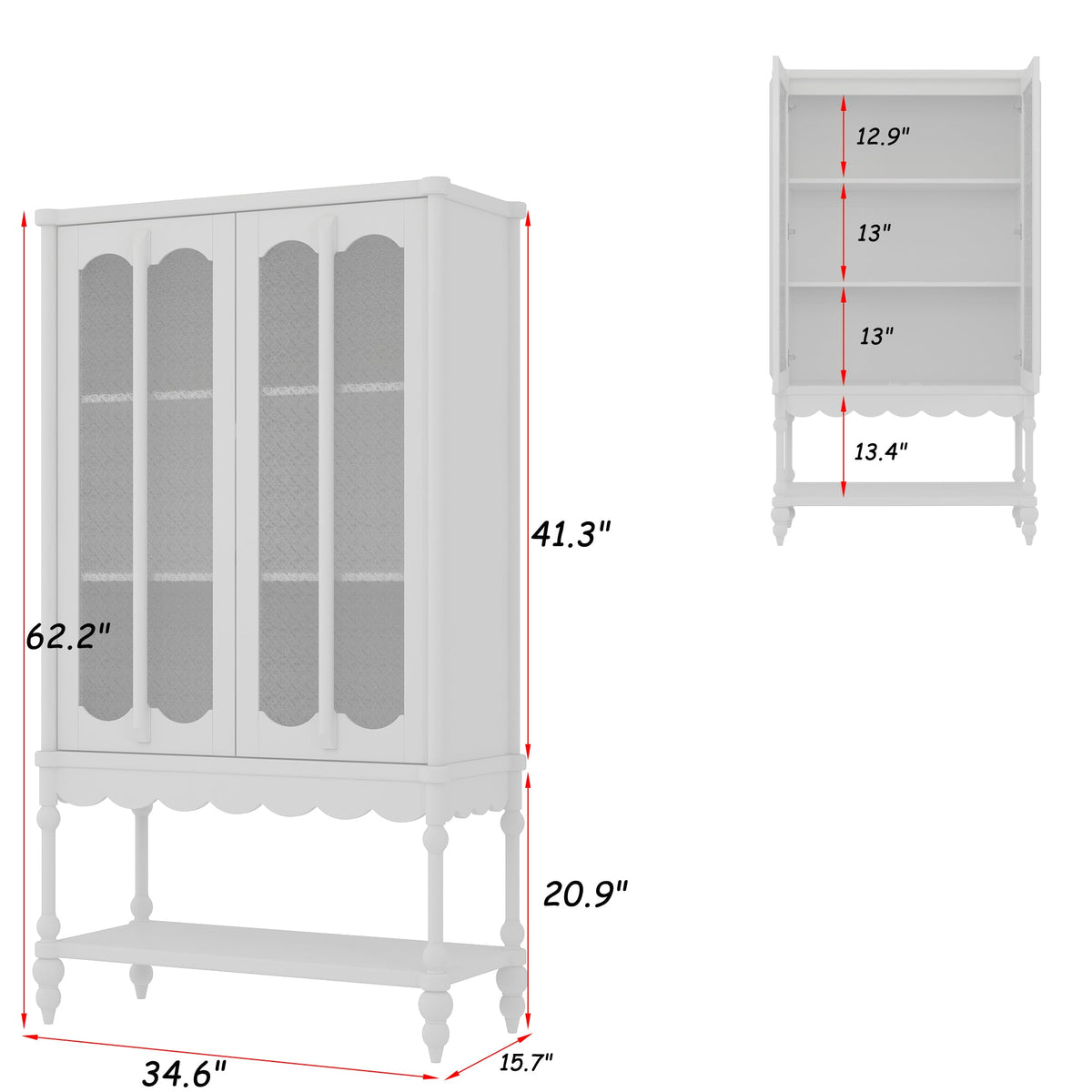 62.2 inches Traditional White China Cabinet Display Case With Glass Doors and Roman Column