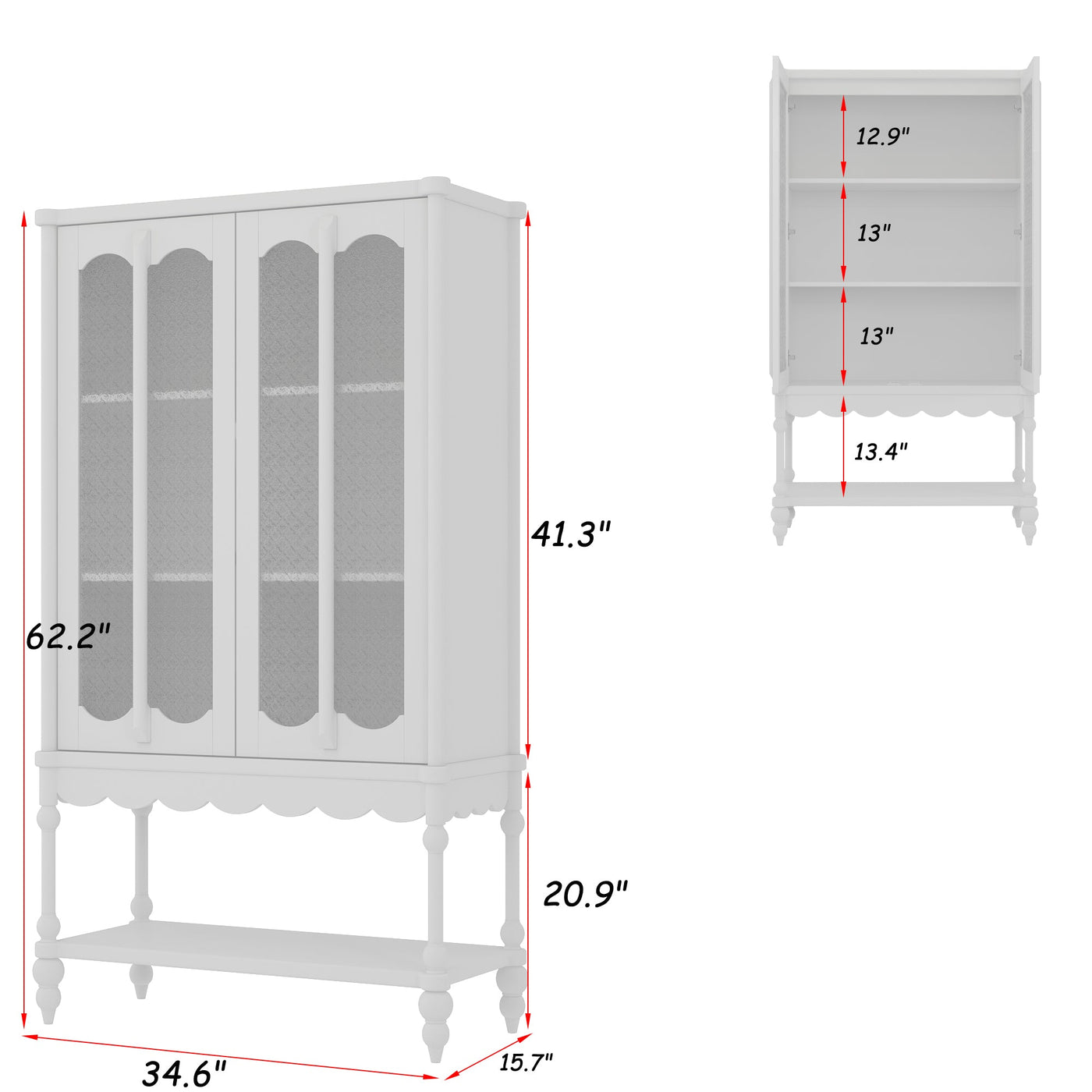 62.2" Traditional White China Cabinet Display Case With Glass Doors and Roman Column