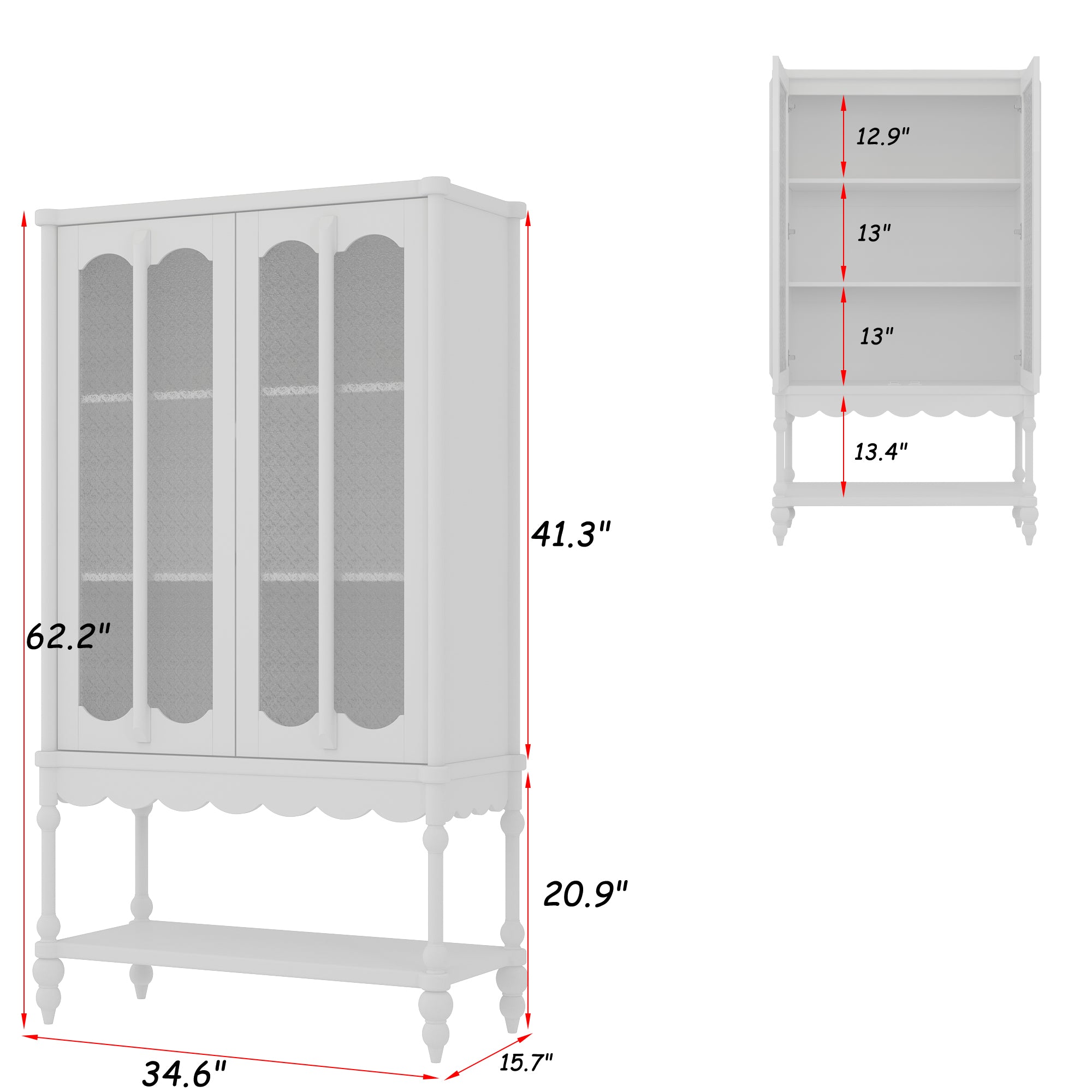 62.2 inches Traditional White China Cabinet Display Case With Glass Doors and Roman Column