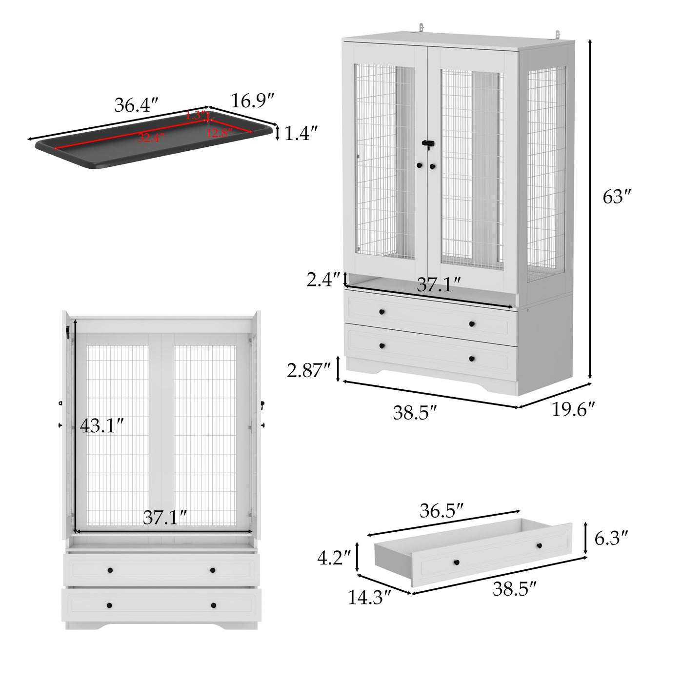 38.5" Modern White Large Floor Bird Cage with Removable Tray and Storage Drawers