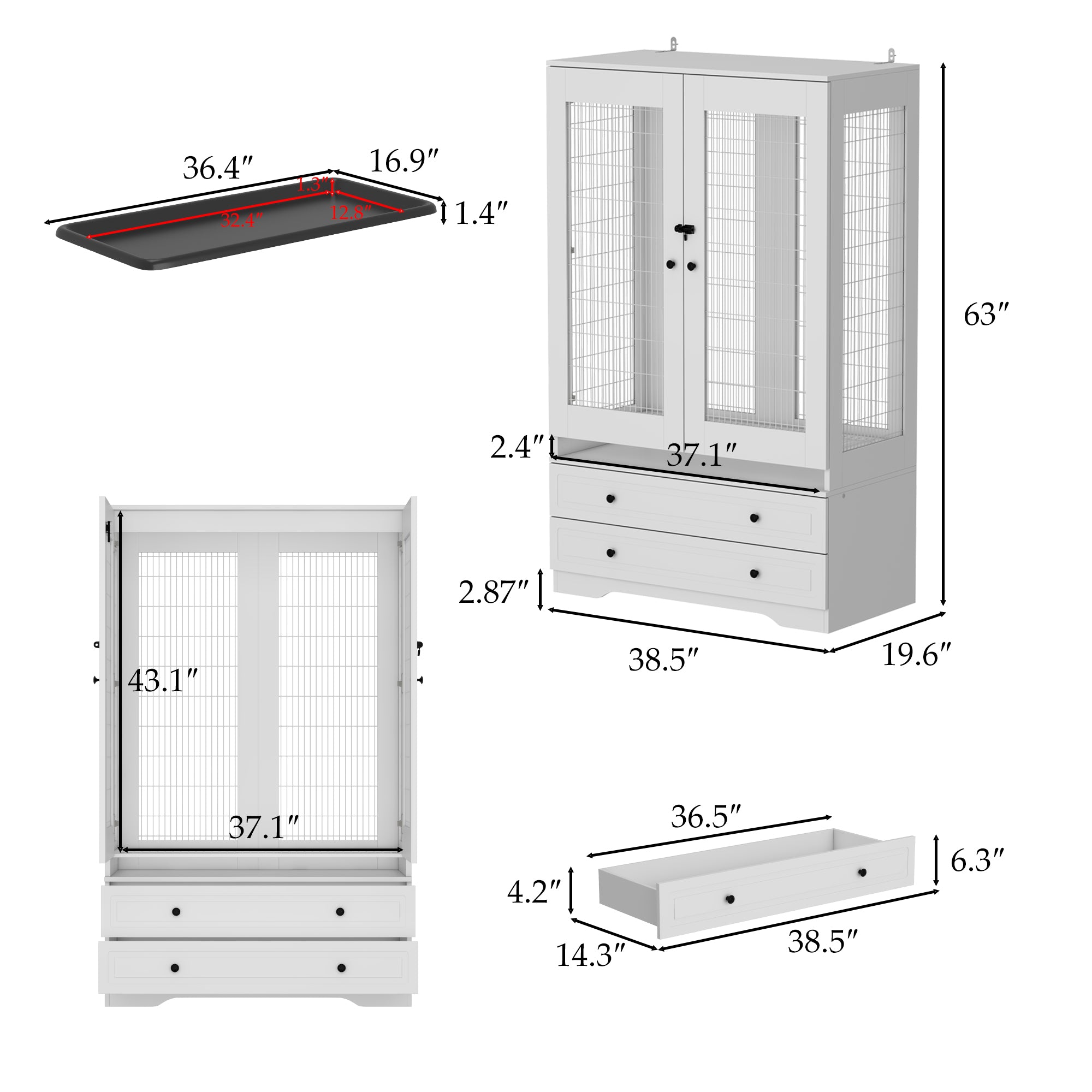 38.5 inches Modern White Large Floor Bird Cage with Removable Tray and Storage Drawers