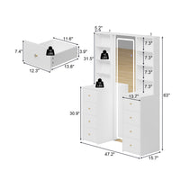 White makeup vanity with full-length LED mirror, side shelves, and drawer storage