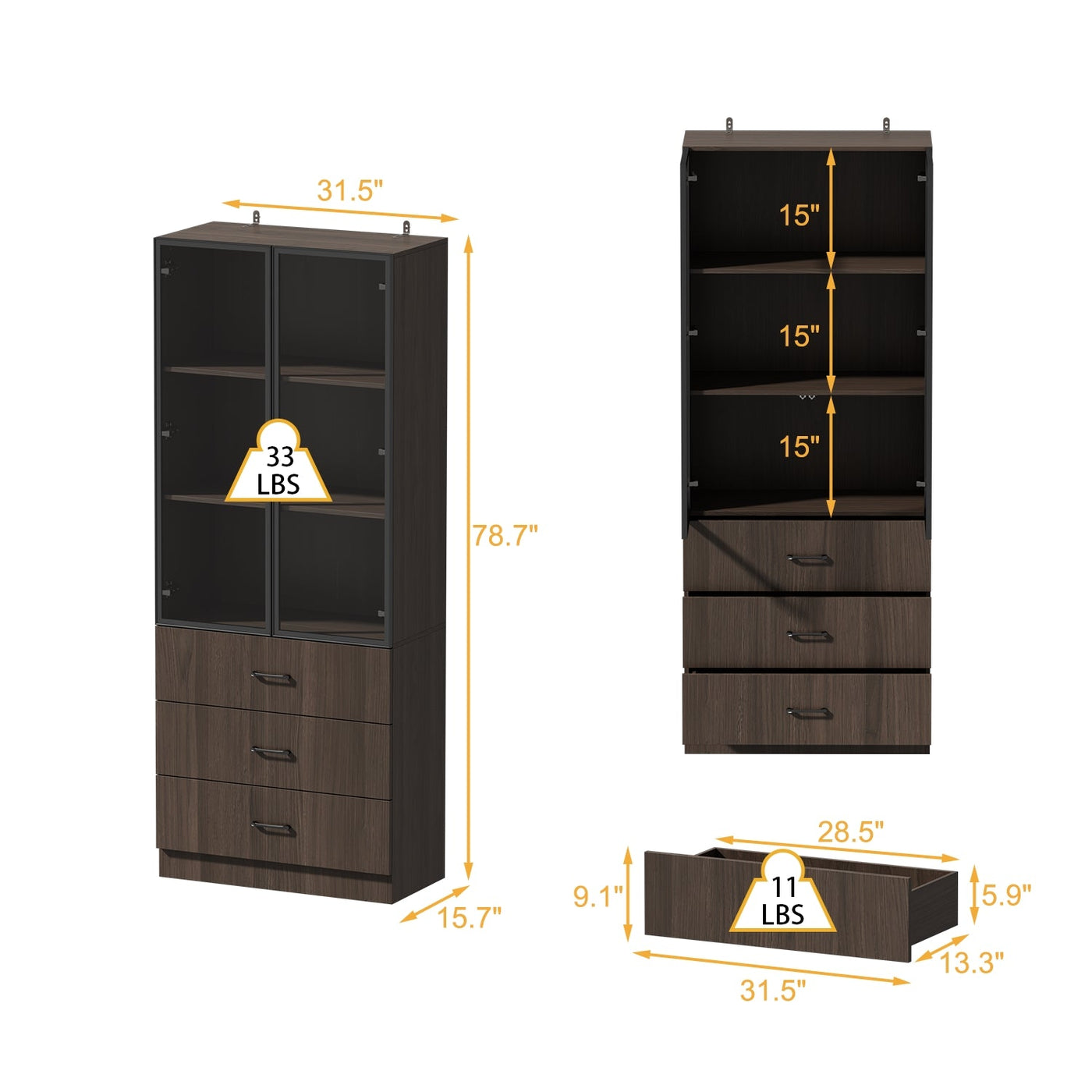 Geyma 31.5" Modern Brown Display Cabinet with Glass Doors, LED Lights and 3 Drawers