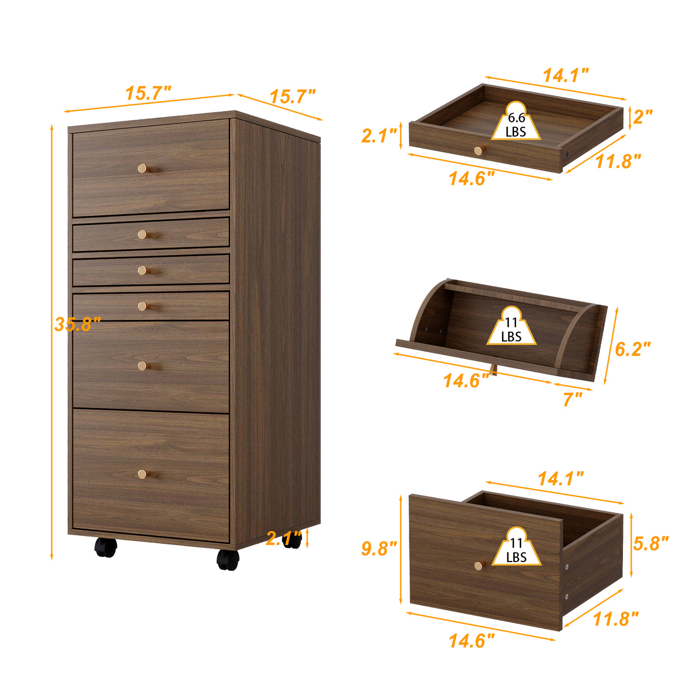 15.7" Mid-century Brown Movable Vanity Table with LED Mirror & 4 Drawers