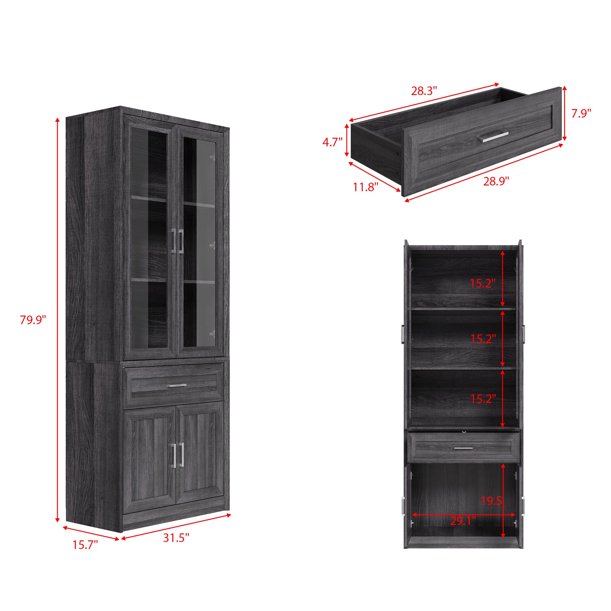 80'' H X 31.5'' W Bookcase With Glass Doors & Drawer