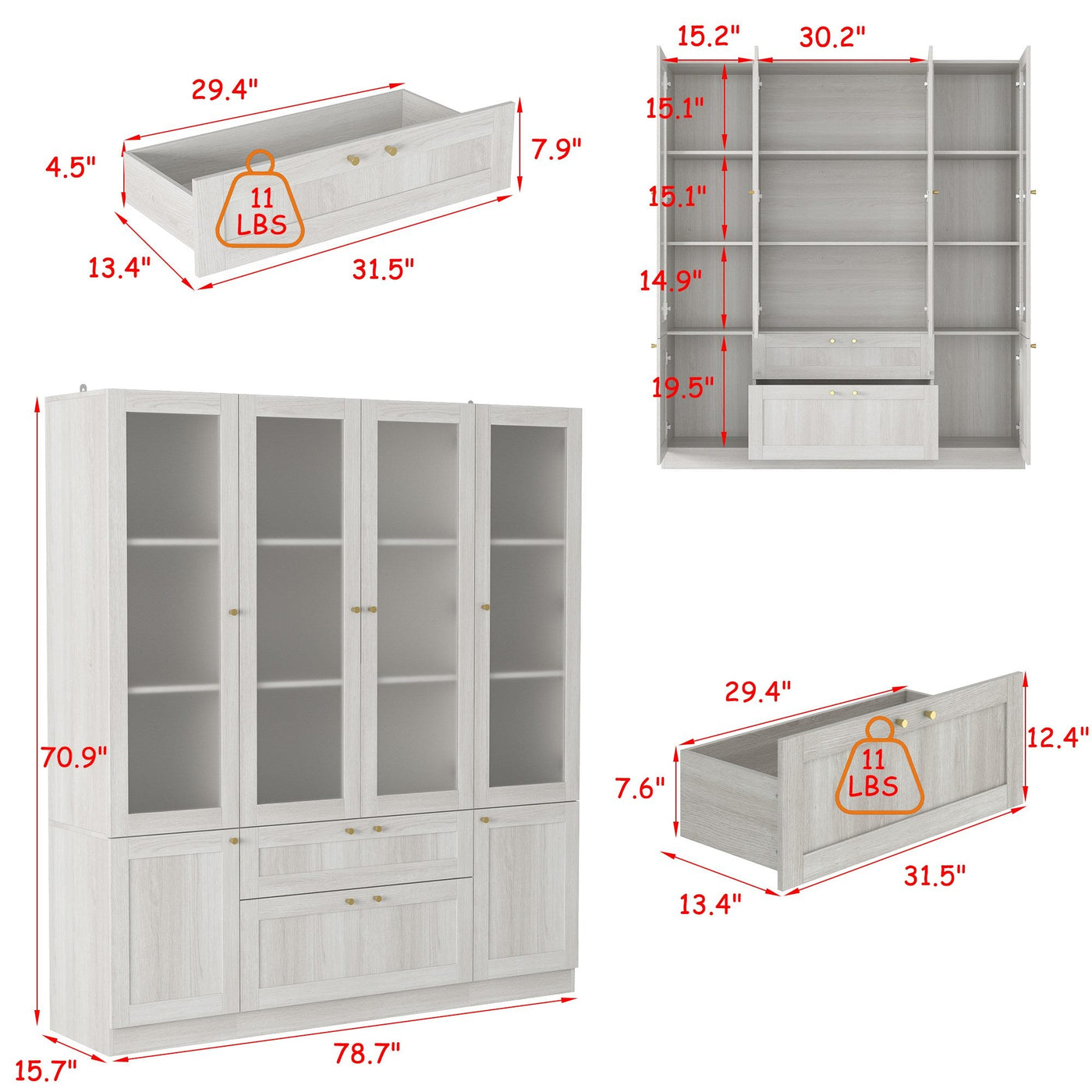 78.7" Modern Display Cabinet with Adjustable Shelves, Frosted Glass Doors and Drawers