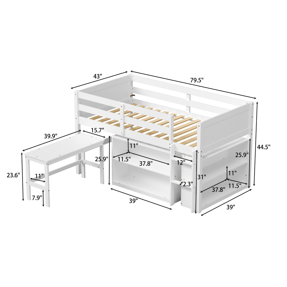 White kids loft bed with built-in desk, shelves, ladder, and storage space