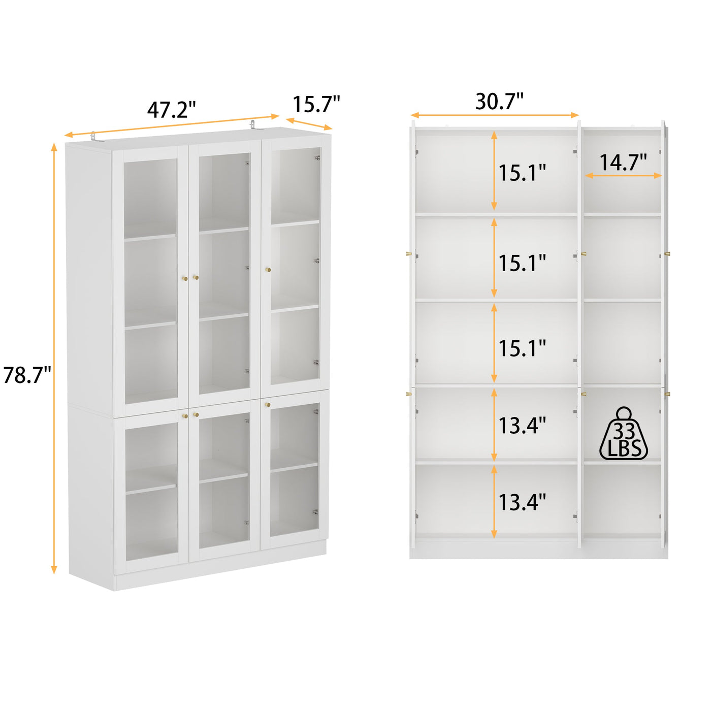 47.2" Modern White Tall Bookshelf with 6 Glass Doors and Gold Conical Handles