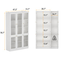 47.2" Modern White Tall Bookshelf with 6 Glass Doors and Gold Conical Handles