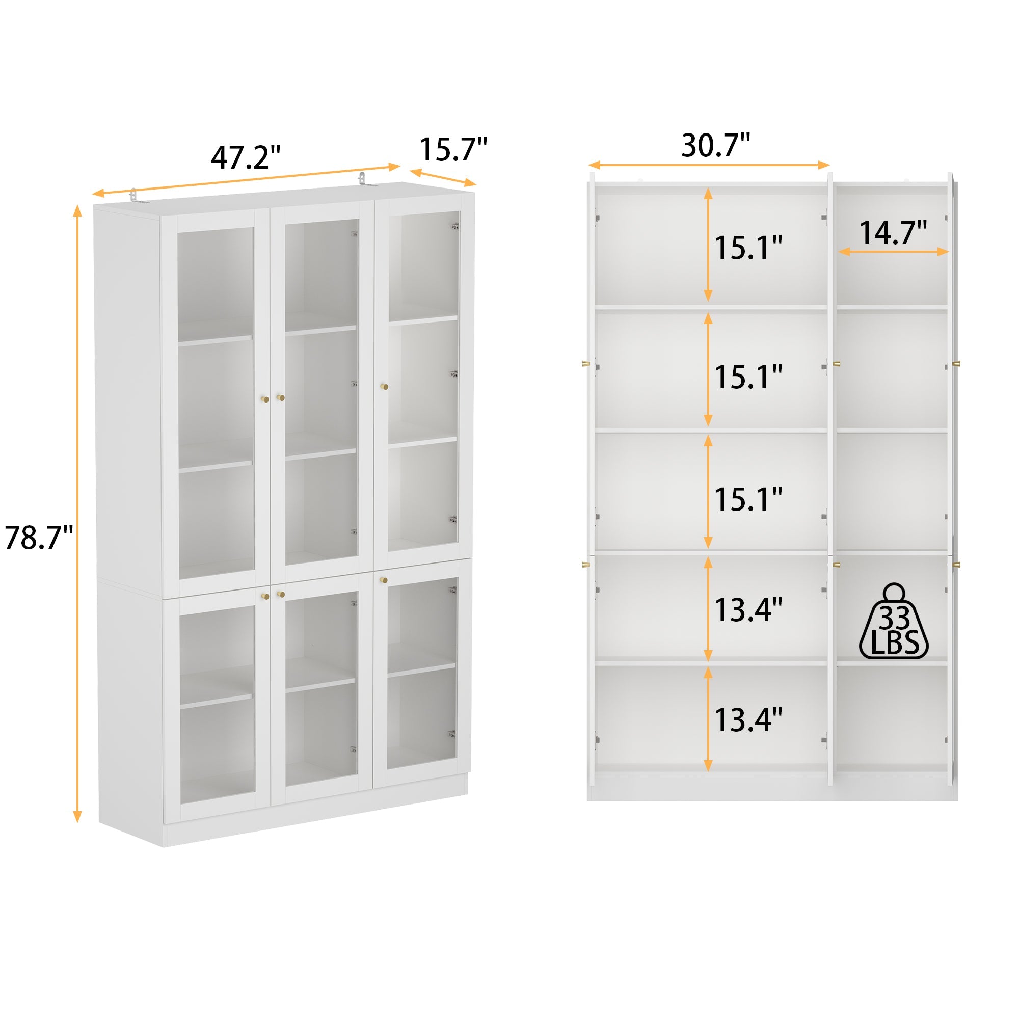 47.2 inches Modern White Tall Bookshelf with 6 Glass Doors and Gold Conical Handles