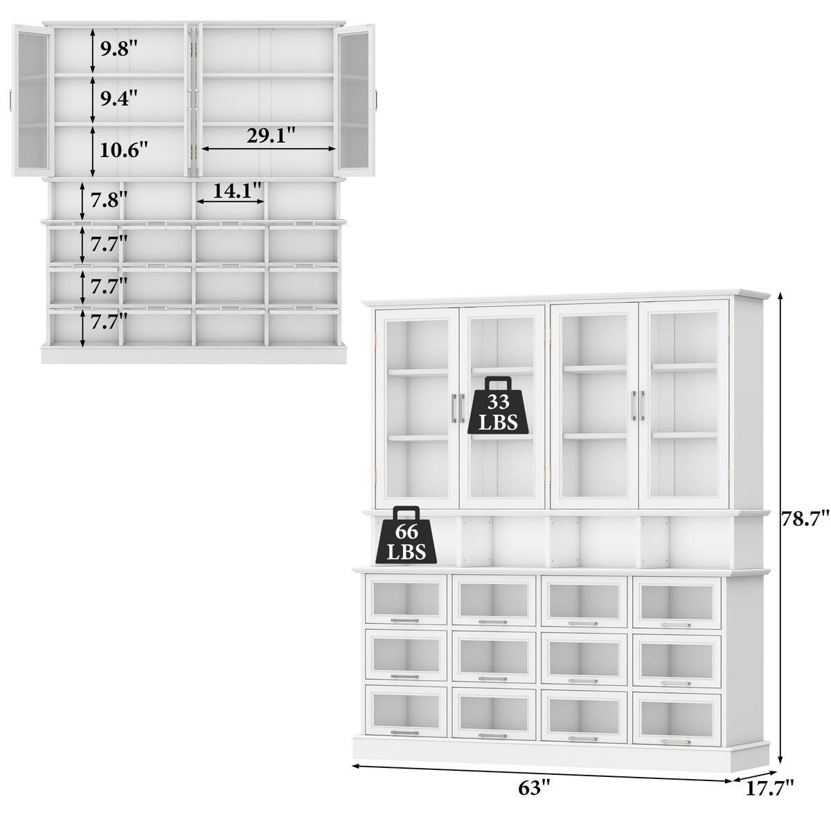 63" Modern White Display Bookcase Cabinet with Glass Doors