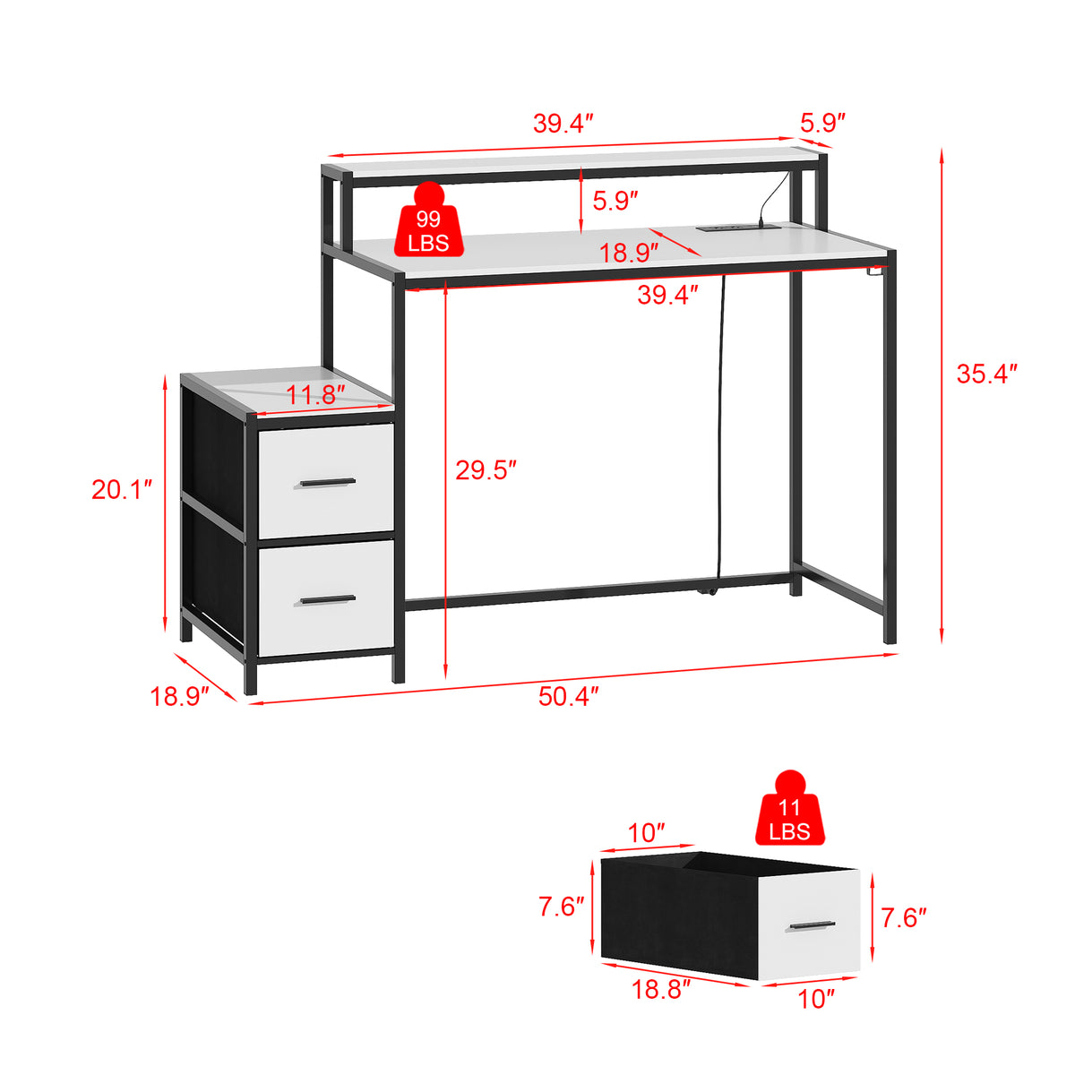 55" Ergonomic Black Gaming Desk with LED Lights & Charging Station