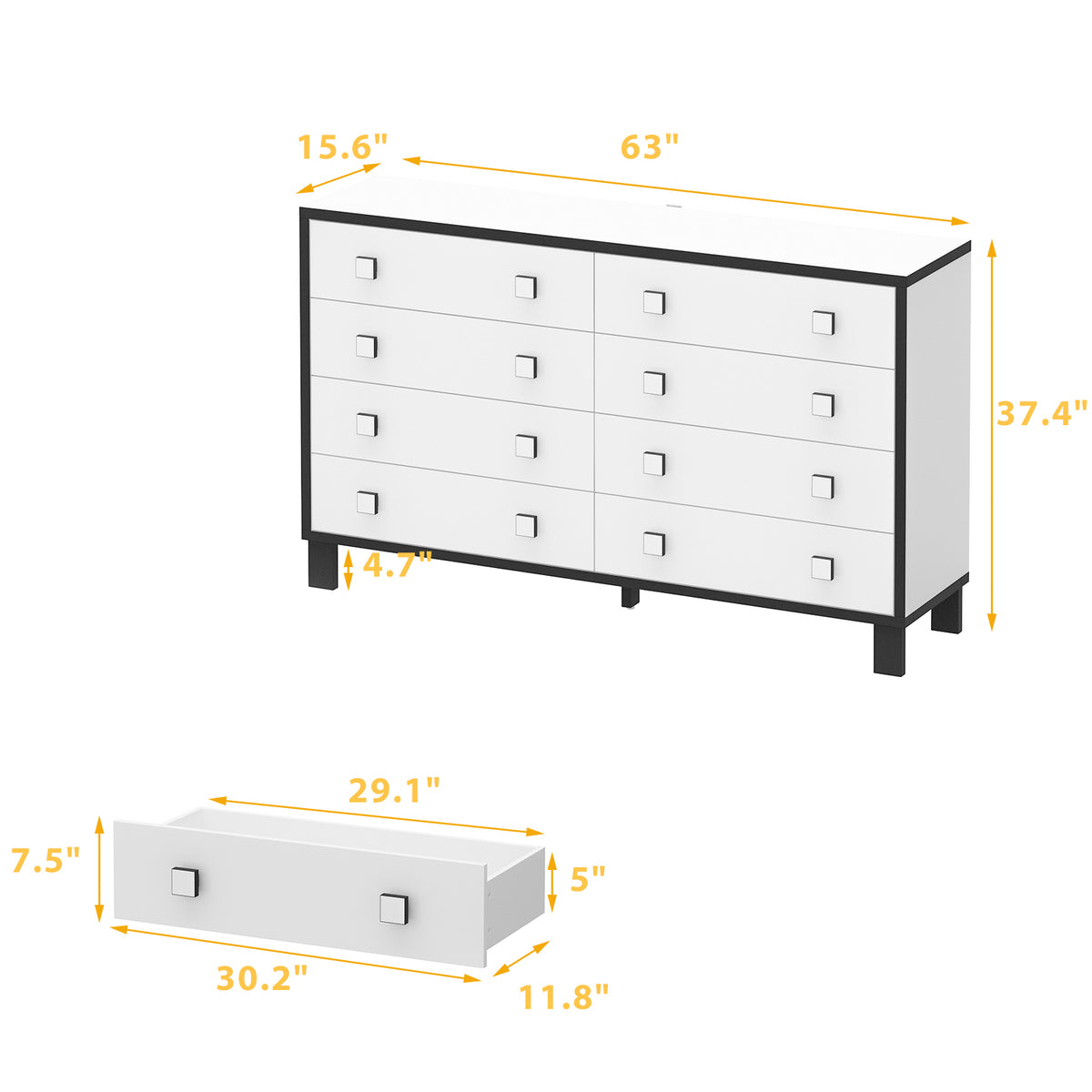 47.2" Modern White 8-Drawer Storage Cabinet with Square Handles