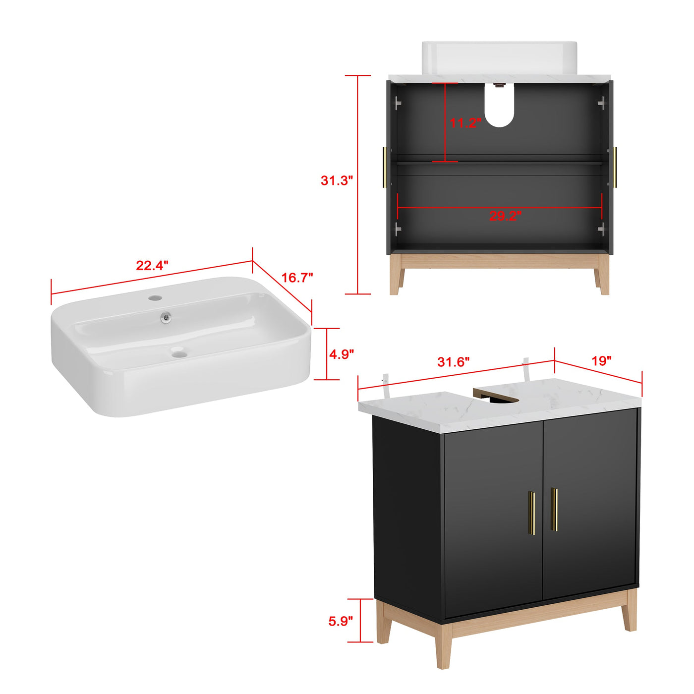 31.6" Modern Black Single Bathroom Vanity With Manufactured Wood Top And Interior Shelves