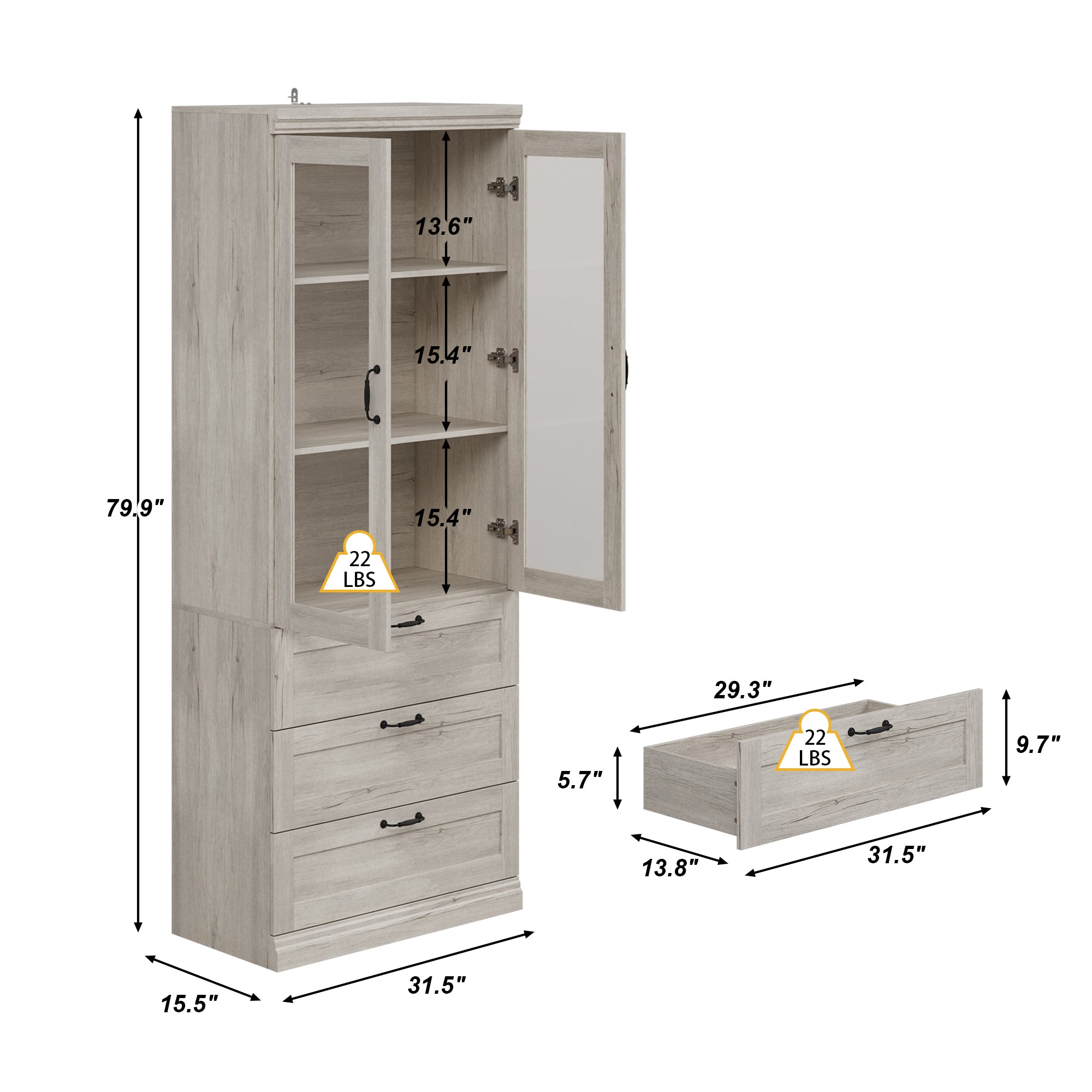 80'' H X 31.5'' W Bookcase Display Cabinet With Glass Doors