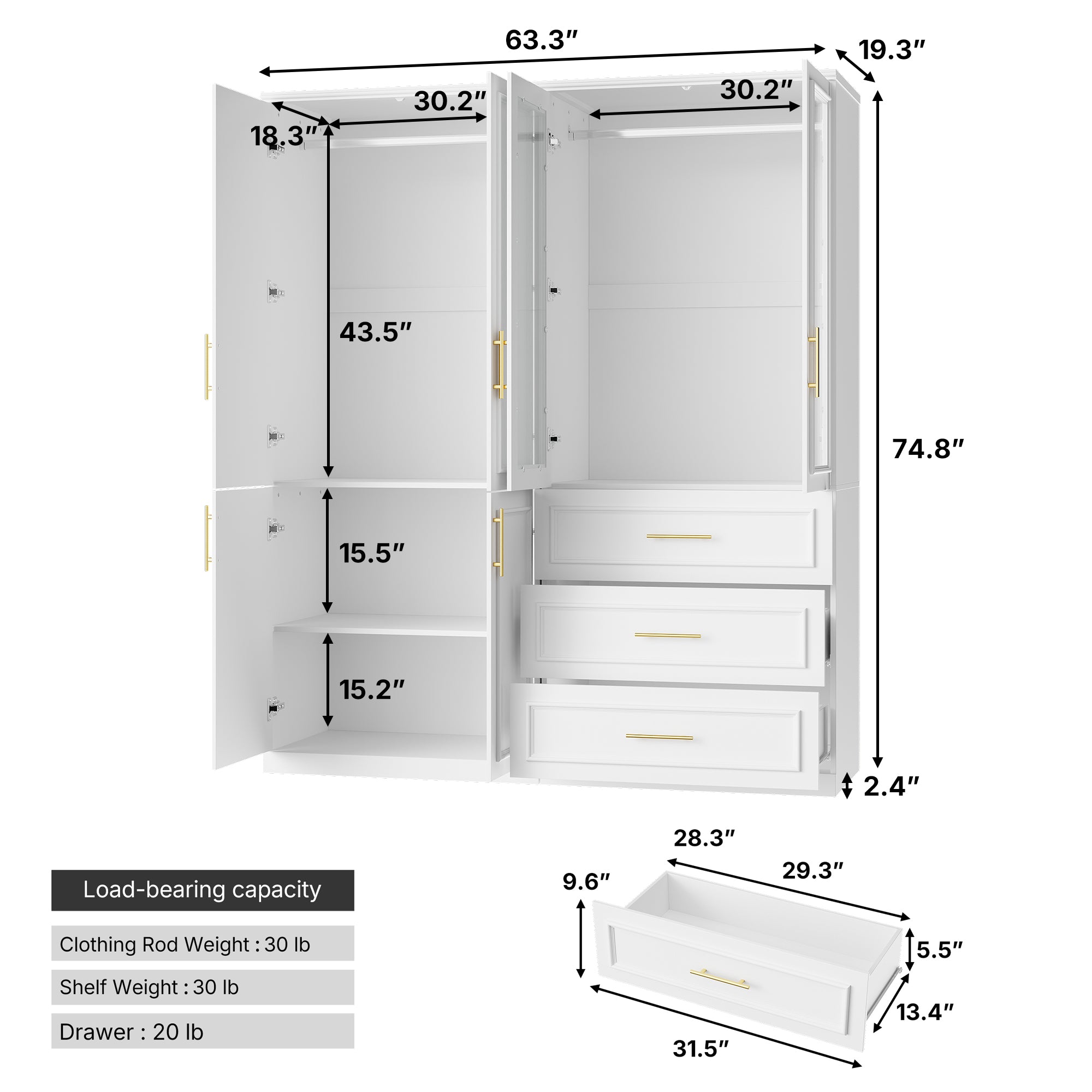 63.3 inch Luxe White Armoire with 6 Doors and 3 Drawers