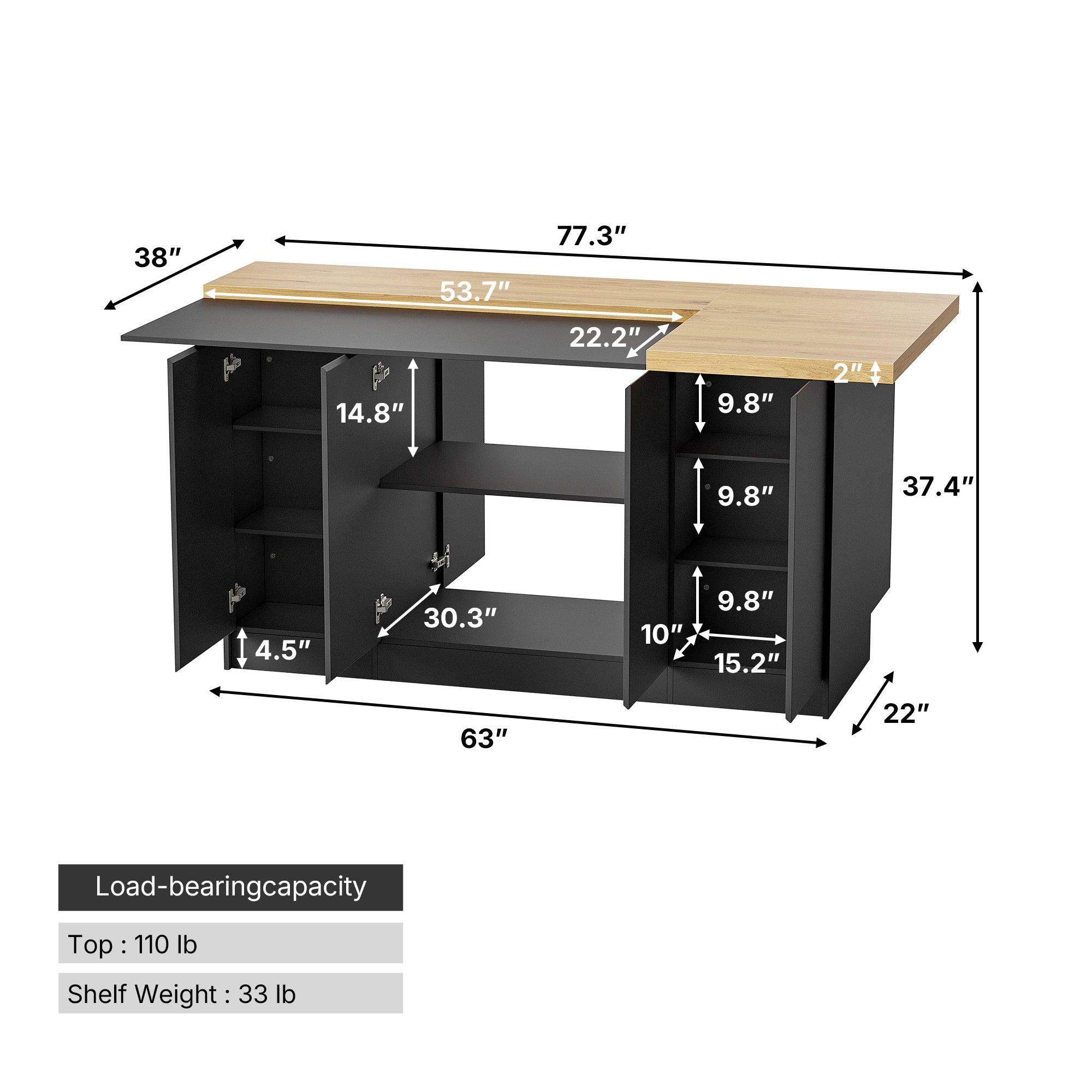77.3 inches Modern Black Kitchen Island With Adjustable Shelves And Butcher Block Top
