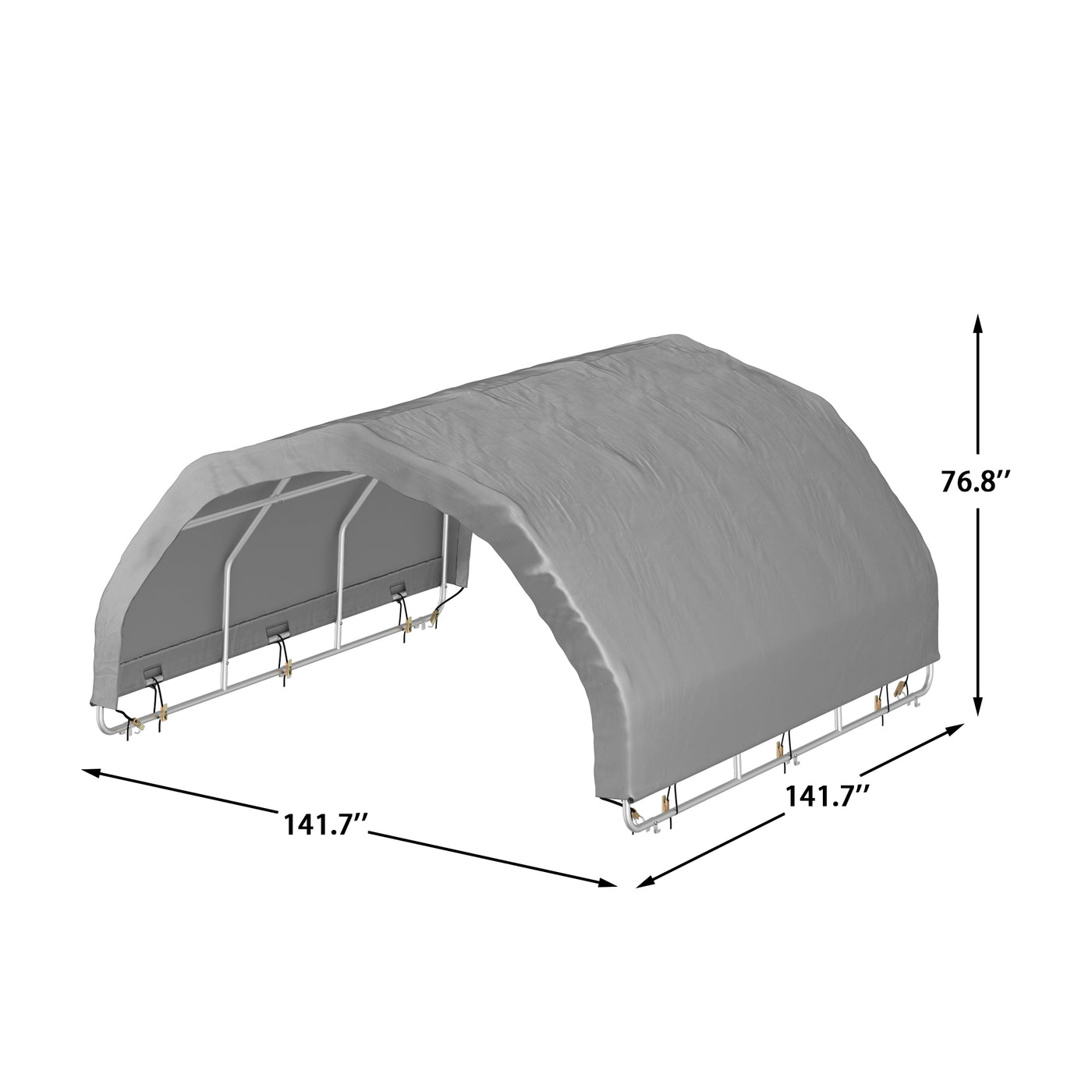 Measurement chart of a gray carport with dimensions labeled