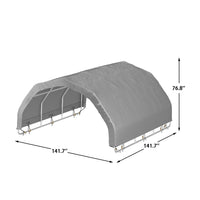 Measurement chart of a gray carport with dimensions labeled