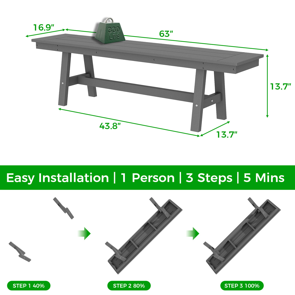 Gray workbench with dimensions and installation steps on a white background