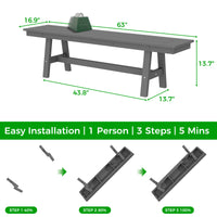 Gray workbench with dimensions and installation steps on a white background