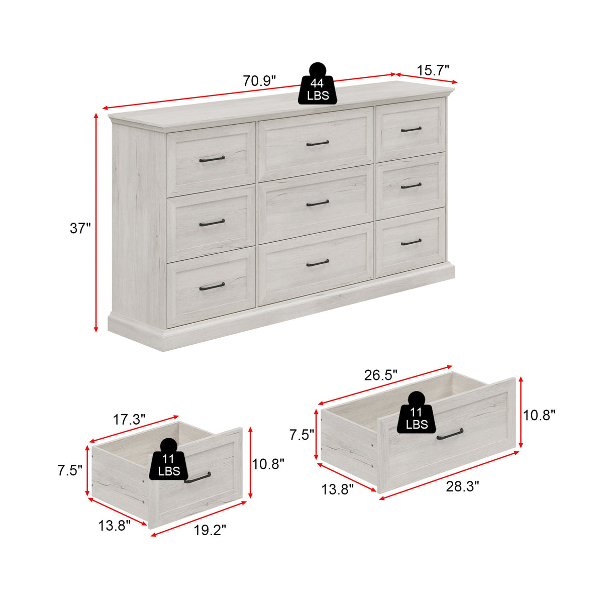 70.9" Modern White/Gray Dresser with 9 Drawers