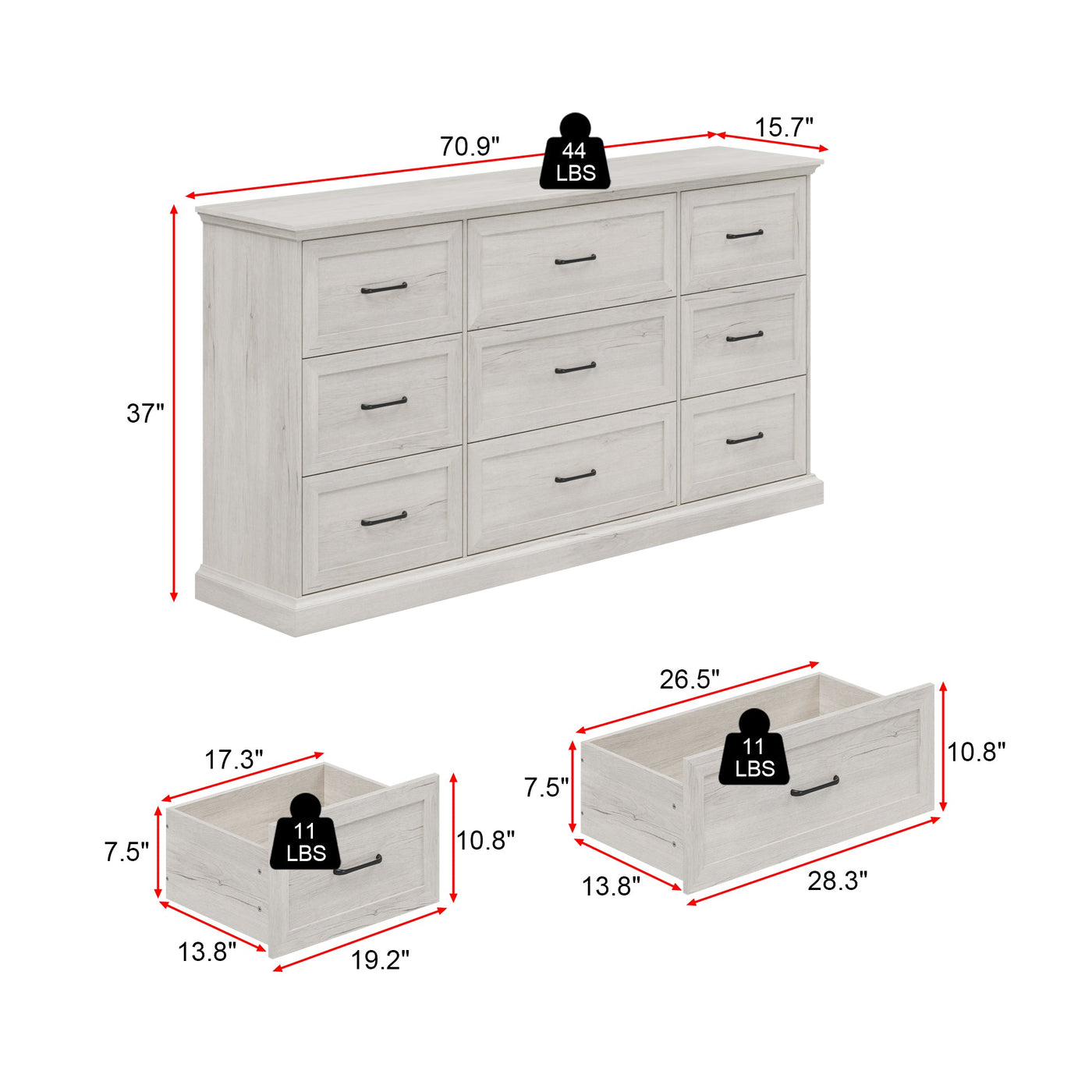 70.9" Modern White/Gray Dresser with 9 Drawers