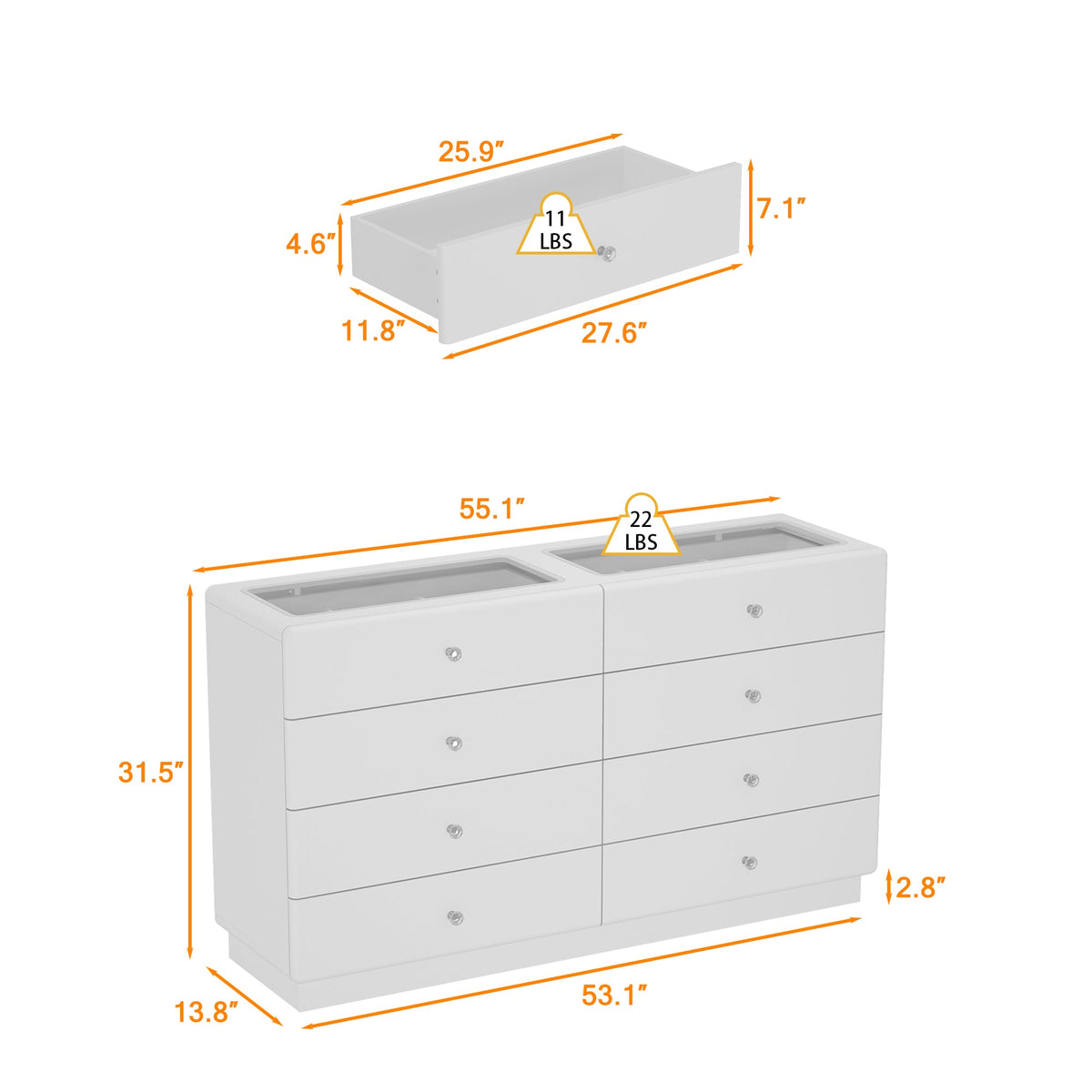 55.1" Modern White Double Dresser with Adjustable Lights