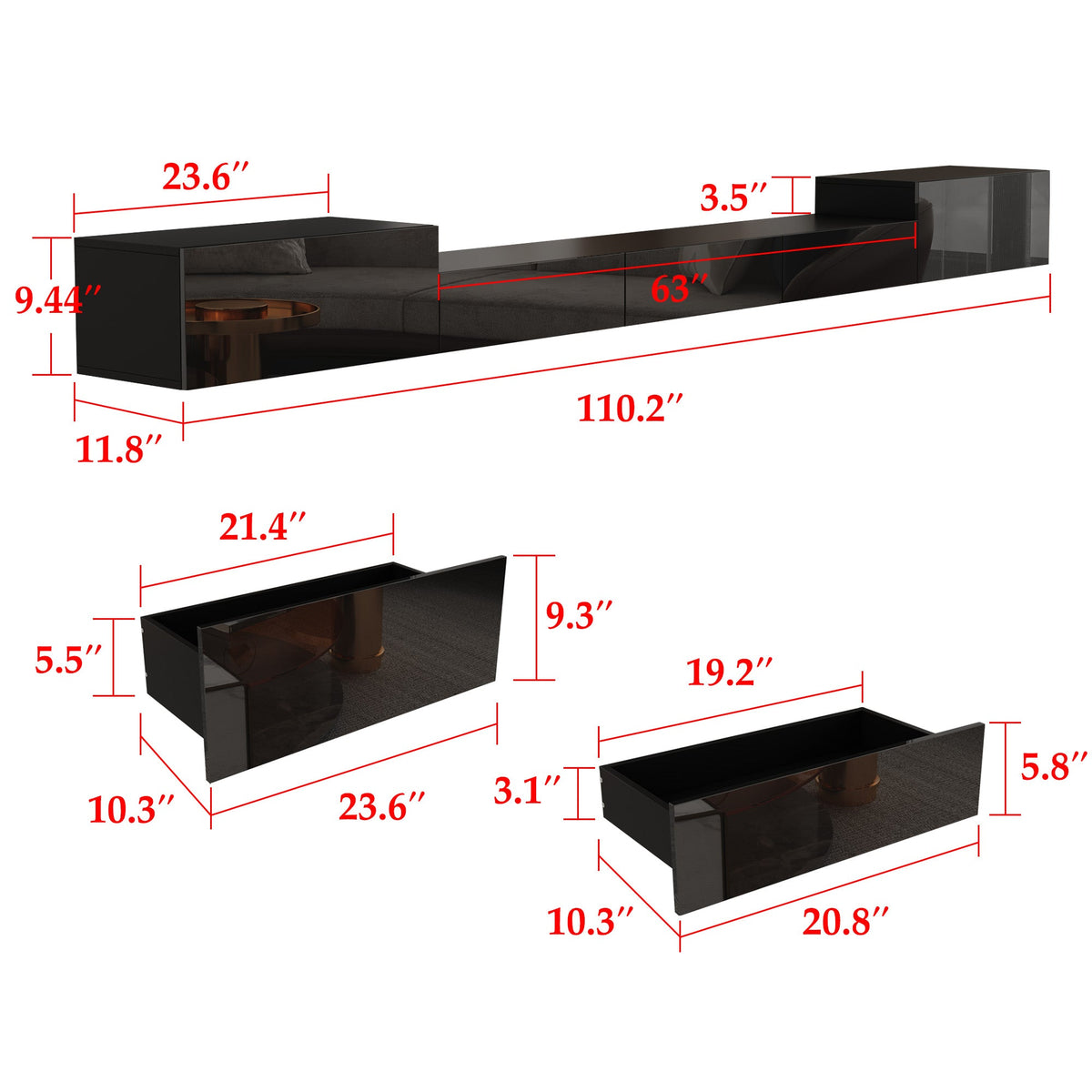 110 inches Modern Minimalist Black TV Stand Floating High Gloss TV Stand With LED Light