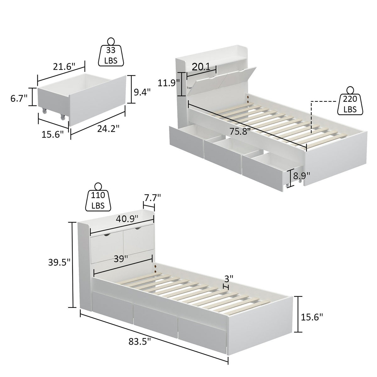 40.9" Modern Minimalist White Twin Platform Storage Bed with Storage Headboard and 2 Drawers