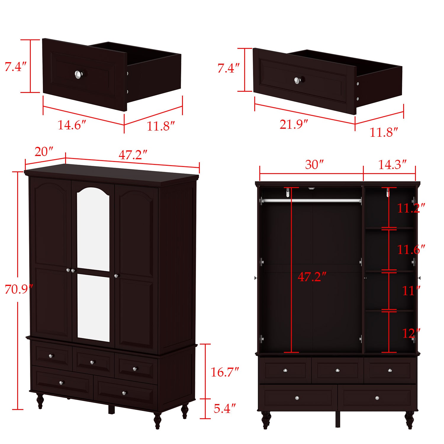 Large Armoire Closet Organizer Wardrobe with 3 Doors 5 Drawers