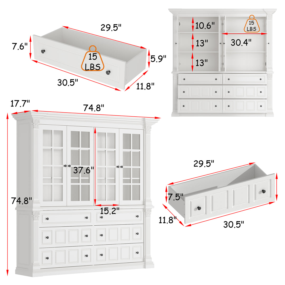 63" Modern White Tall Bookcase with 6 Drawers & 4 Tempered Glass Doors