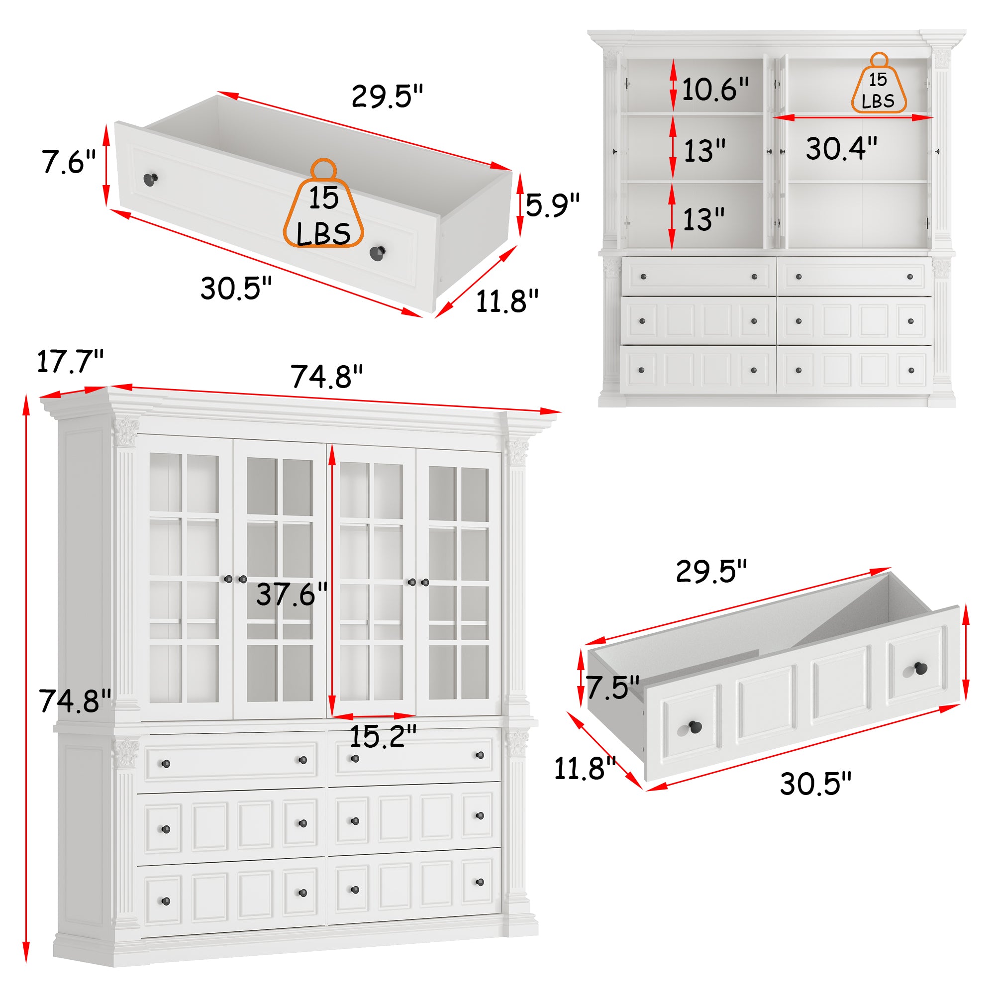 75'' 6-Drawer Symmetric Bookcase With Glass Doors
