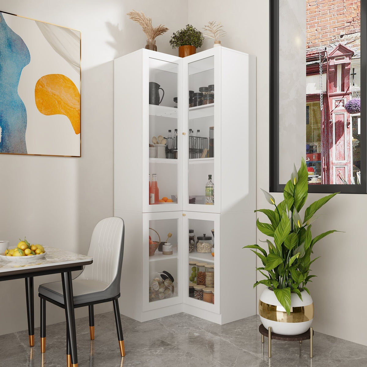 31.5" Contemporary White L-shaped Curio Display Cabinet with Glass Doors