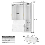 47.6 inch Modern White Armoire with Glass Doors and 3 Drawers