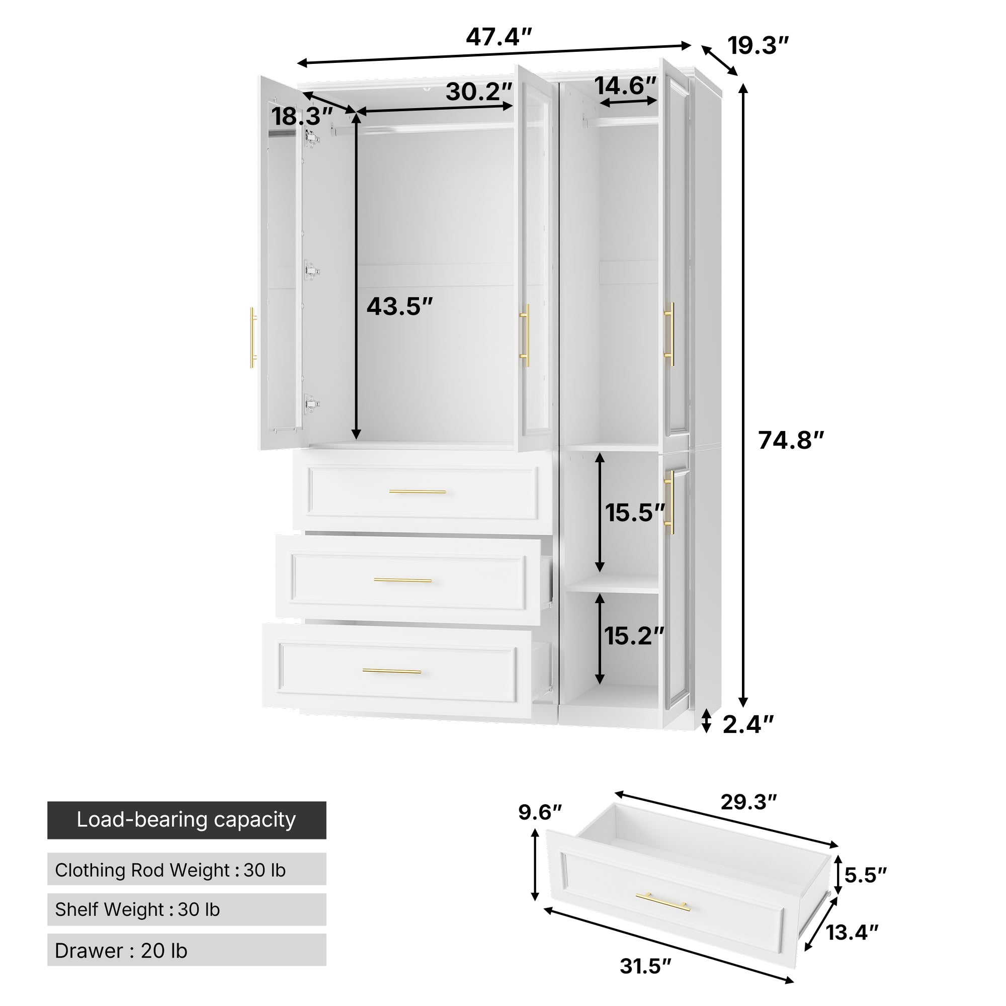 47.6 inch Modern White Armoire with Glass Doors and 3 Drawers