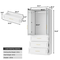 Rena 31.7" Modern White Glass Door Armoire with Hanging Rod and 3 Drawers
