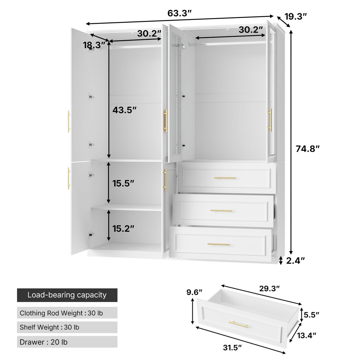 63.3 inch Luxe White Armoire with 6 Doors and 3 Drawers