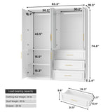 63.3 inch Luxe White Armoire with 6 Doors and 3 Drawers