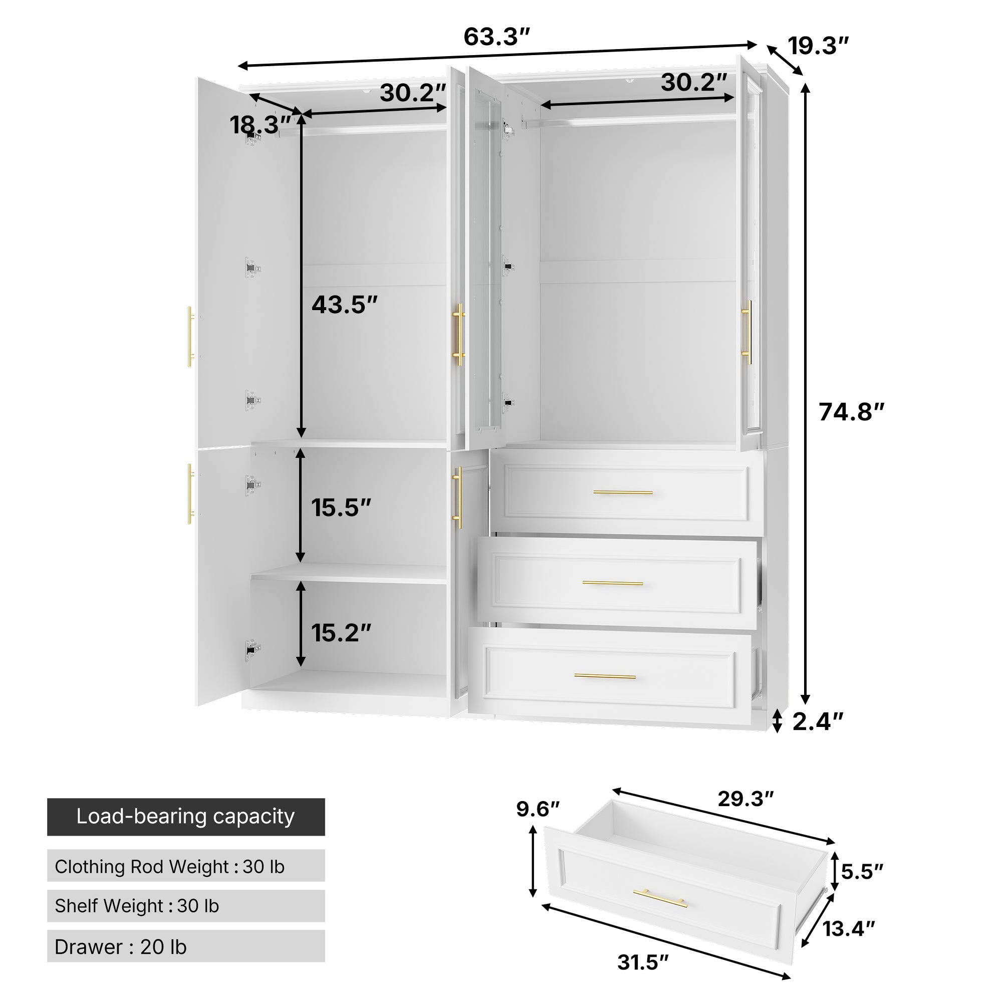 63.3 inch Luxe White Armoire with 6 Doors and 3 Drawers