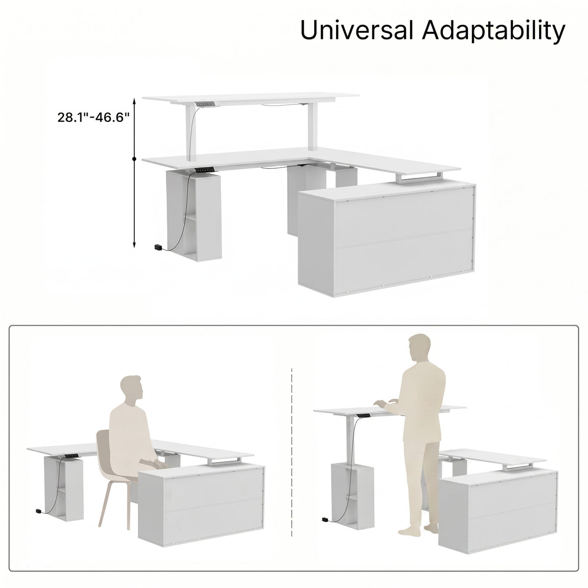 63" Modern White U-Shaped Standing Desk with 3 Memory Presets, Drawer and Open Storage