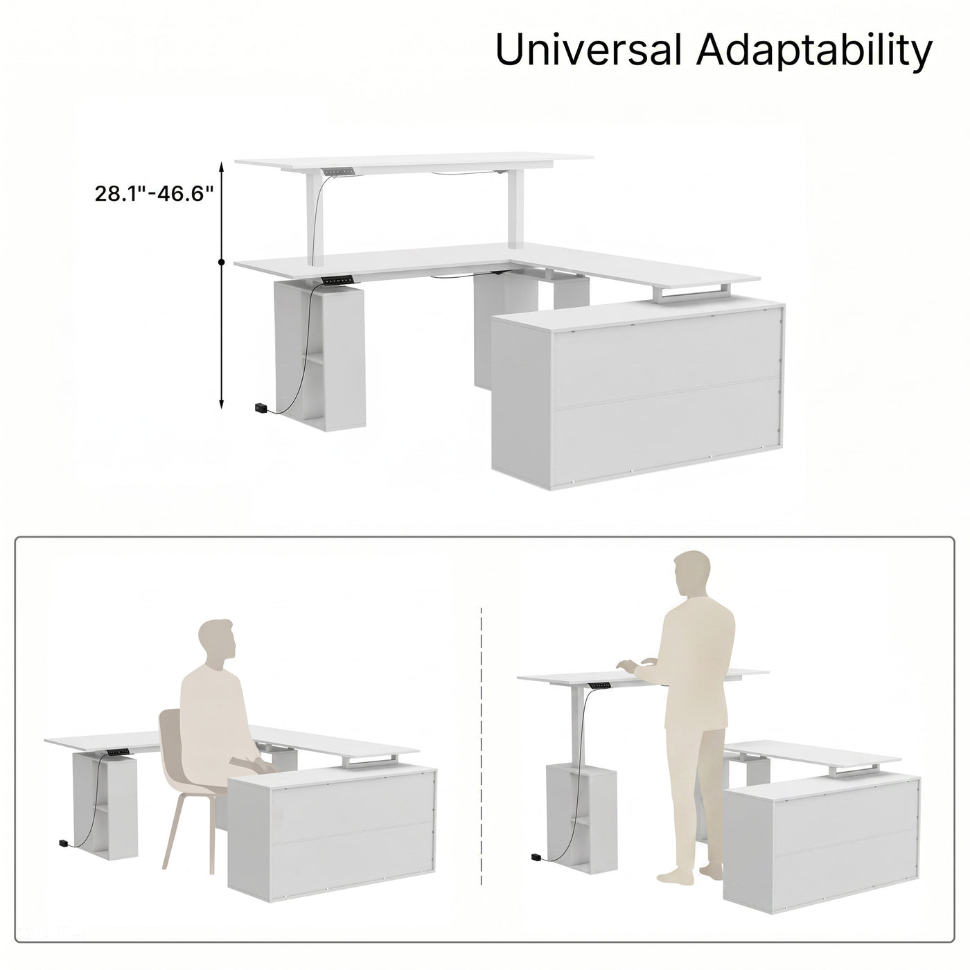 63" Modern White U-Shaped Standing Desk with 3 Memory Presets, Drawer and Open Storage