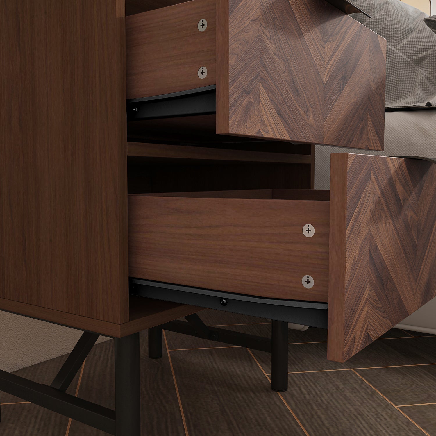 Rustic Bedside Table Wood Grain 2-Drawer Nightstand