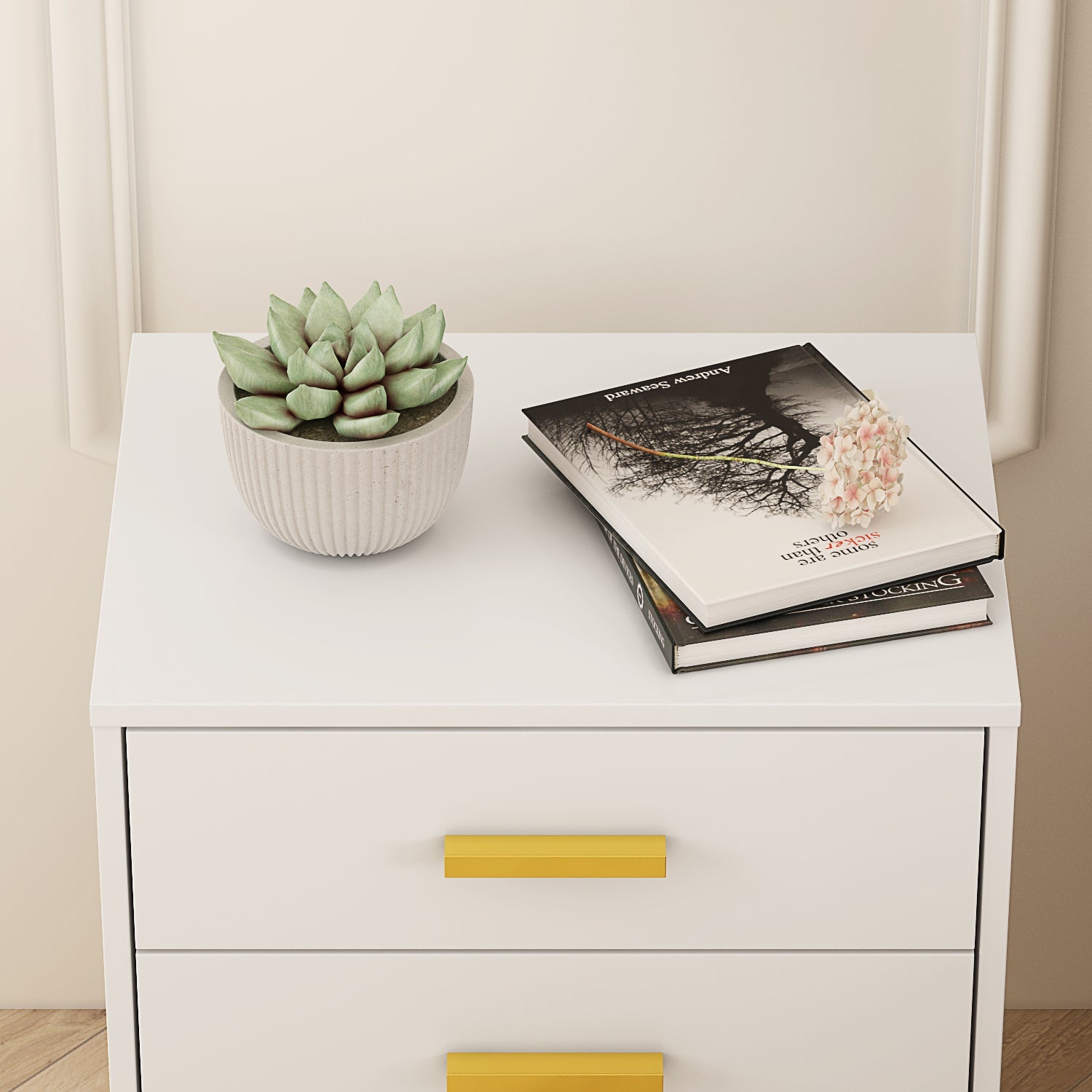 Bedside Nightstand White Finish Cabinet for Bedroom Storage