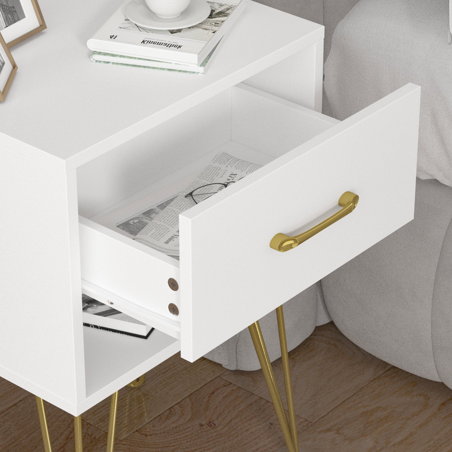 End Table Nightstand Dresser Mini Sofa Side Table with Gold Legs for Bedroom