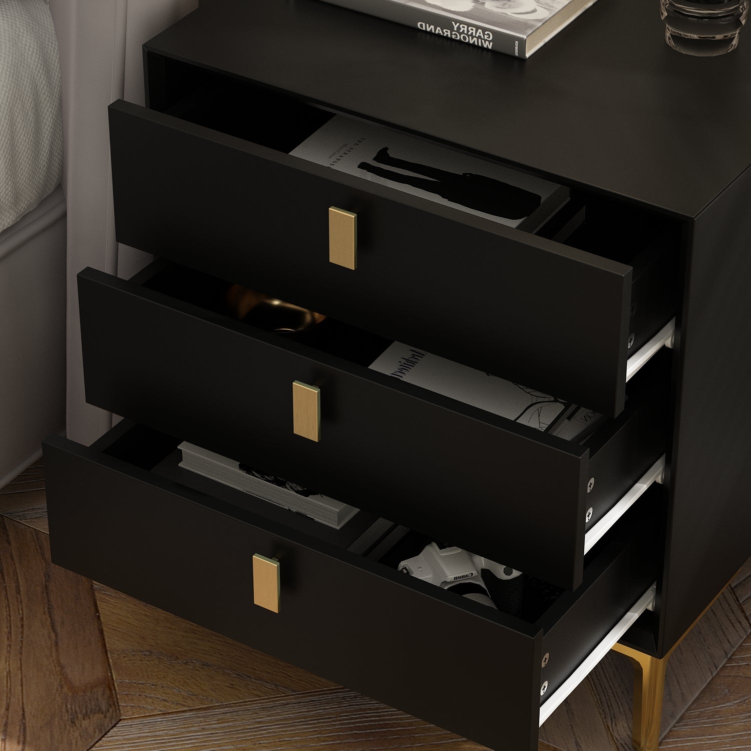 Nightstand Dresser Black End Table in Gold Metal Legs with 3 Drawers