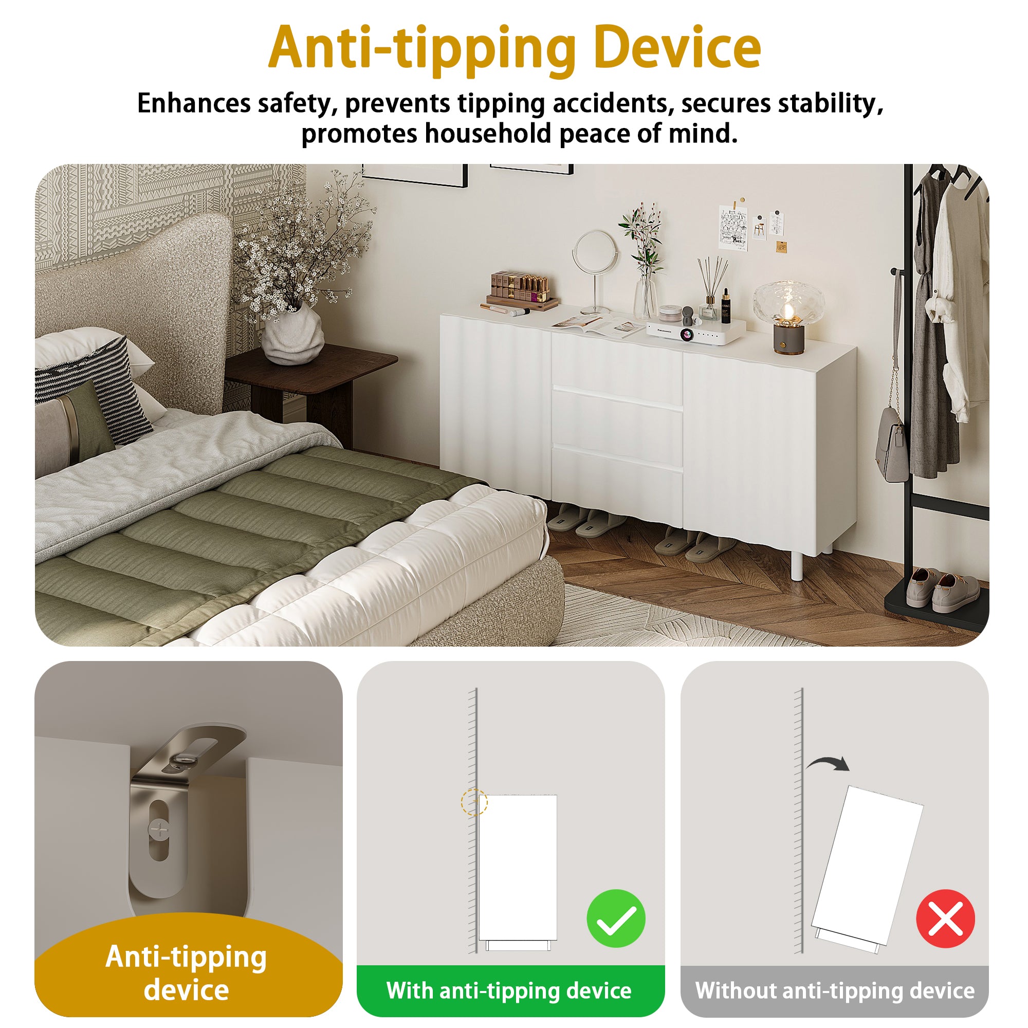 61" Wide White Accent Cabinet With 3 Drawers & 2 Doors