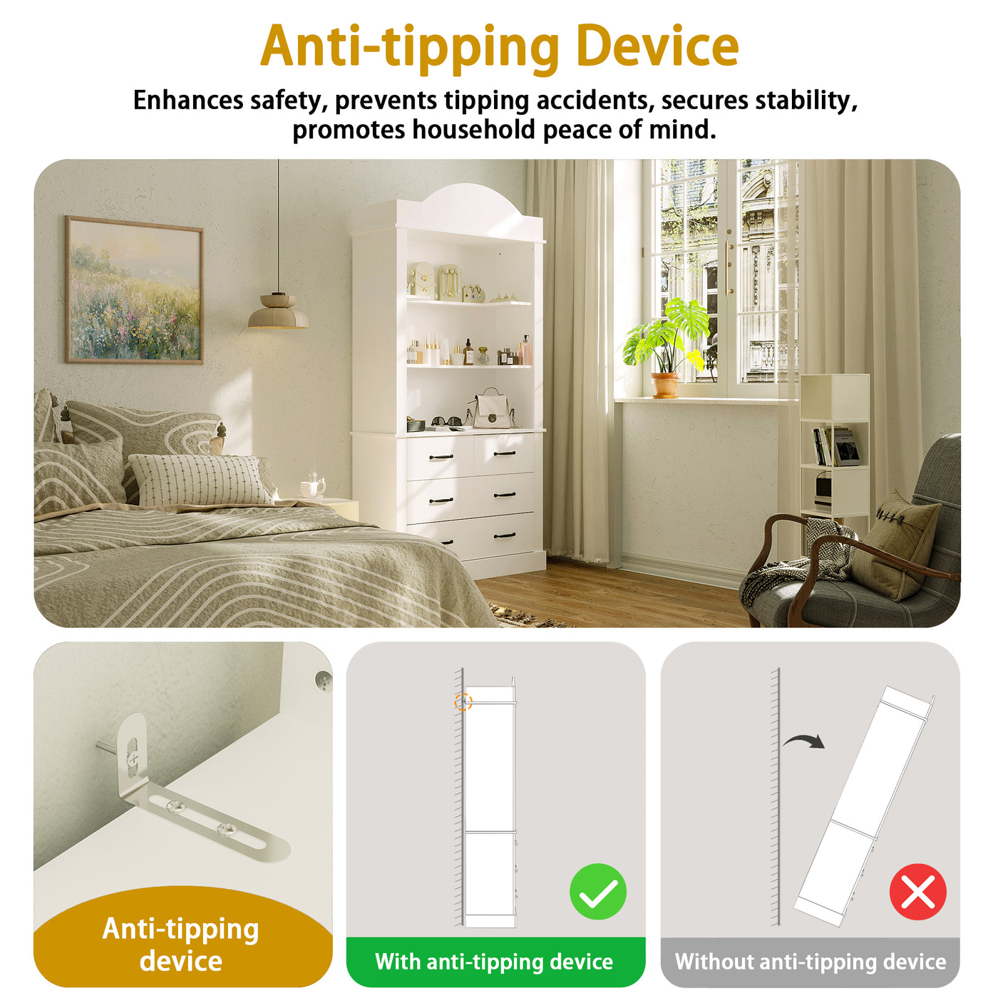 Bedroom scene with furniture and an anti-tipping device illustration, emphasizing safety.
